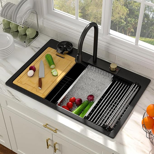 33x22 Drop In Waterfall Kitchen Sink Black Granite Composite Smart Kitchen Sink Multifunction Single Bowl Top Mount Black Multifunctional Waterfall Smart Sinks with Faucet Combo Glass Rinser