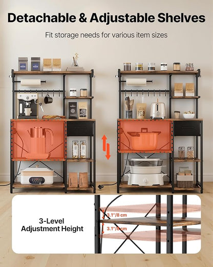 VEVOR Kitchen Bakers Rack with Power Outlets, 31.5 x 15.7 x 55.1 Inch Microwave Stand with Built-in Power Strip & 4.6 Ft Cord, 8 S-Shaped Hooks, for Dish Storage, Spice Jars, Coffee Bar Organization