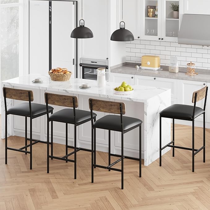 TrailBlaze Bar Stools Set of 4, 37'' Counter Height Kitchen Barstools with Backrest, Thick PU Upholstered Cushion - Metal Legs, Footrest - Kitchen Island, Dining Room, Breakfast Bar - Rustic Brown