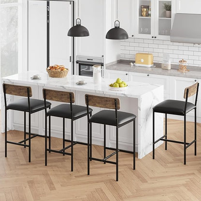TrailBlaze Bar Stools Set of 4, 37'' Counter Height Kitchen Barstools with Backrest, Thick PU Upholstered Cushion - Metal Legs, Footrest - Kitchen Island, Dining Room, Breakfast Bar - Rustic Brown