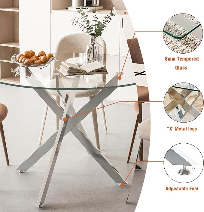Silver Glass Dining Table for 6 Modern 47.3" Round Kitchen Dining Room Table for 4-6 with X-Shape Metal Base Large Clear Glass Top Dining Tables for Home Kitchen