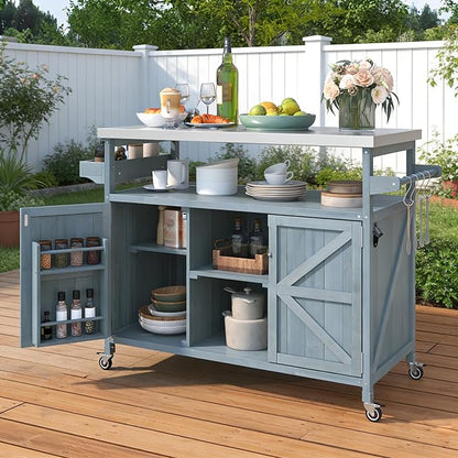 Bellemave Outdoor Kitchen Island with Stainless Steel Top, Rolling Bar Cart & Storage Cabinet, Outdoor Grill Cart with Spice & Towel Rack, Rolling Island Table for Kitchen & BBQ, Grey Blue