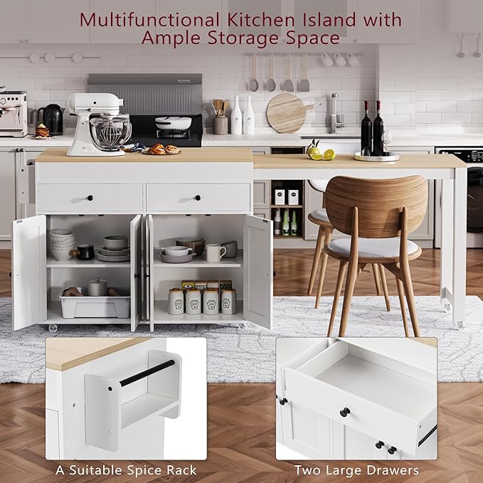 Polibi 74.5 Inch Kitchen Island with Extendable Dining Table, Rolling Storage Cart on Wheels, 2 Drawers & 4-Door Cabinet with Spice Rack, White