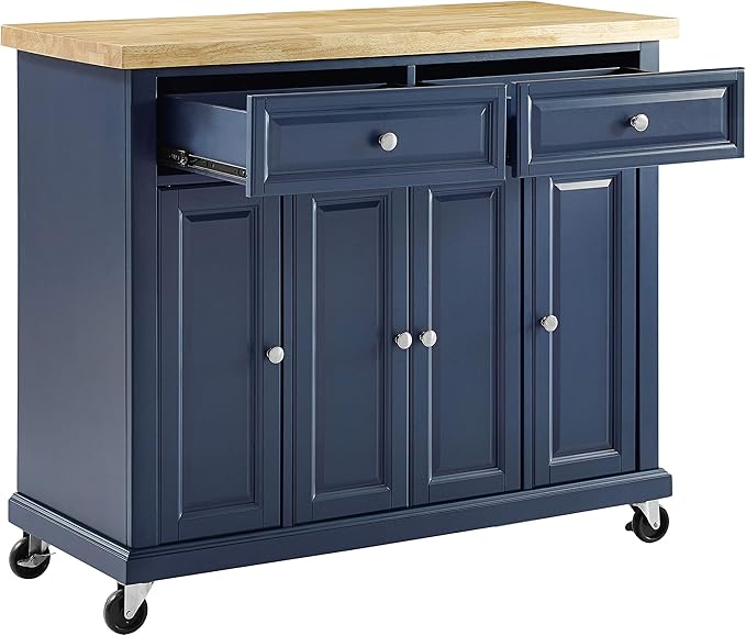 Crosley Furniture Madison Madison Rolling Kitchen Island Cart, Microwave Stand, Coffee Bar, with Shelves and Drawers, Navy