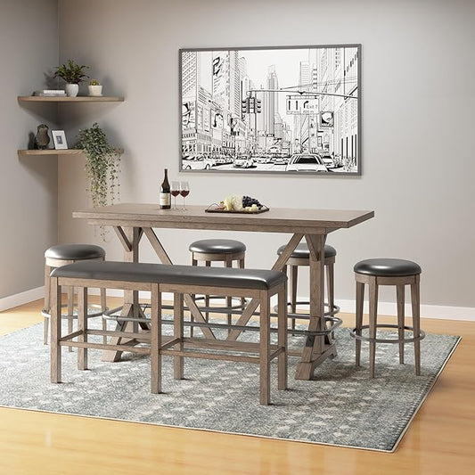 Bay Benti Brown 60" Bar Height Solid Wood Bench - Casual Style Furniture for Kitchen Islands, Dining Areas