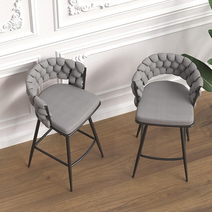 28" Technical Leather Woven Bar Stool Set of 2,Black Legs Barstools No Adjustable Kitchen Island Chairs,360 Swivel Bar Stools