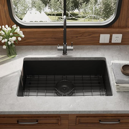 Kitsitchen Black RV Ktichen Sink, 27" x 16" x 7" Black Undermount Kitchen Sink,Stainless Steel Single Bowl Kitchen Sink with Strainer & Bottom Gird Used at RV, Outdoor and Camper
