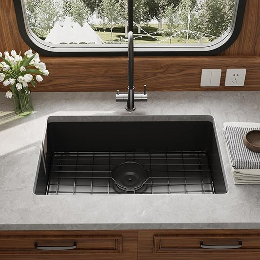 Kitsitchen Black RV Ktichen Sink, 27" x 16" x 7" Black Undermount Kitchen Sink,Stainless Steel Single Bowl Kitchen Sink with Strainer & Bottom Gird Used at RV, Outdoor and Camper
