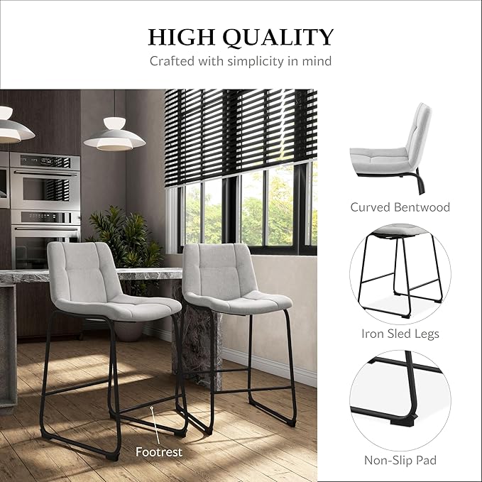 Furniture of America Veradis Modern Bentwood Counter Height Dining Chairs Set of 2, Chenille Fabric Bar Stool with Back and Metal Frame, Upholstered Seating for Living Room, Light Grey, 35 inch