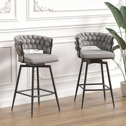 28" Technical Leather Woven Bar Stool Set of 2,Black Legs Barstools No Adjustable Kitchen Island Chairs,360 Swivel Bar Stools,for Living Room