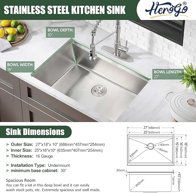 27x18Inch Undermount Kitchen Sink, Herogo Stainless Steel Single Bowl Workstaion Basin,16 Gauge Handmade 10'' Deep Kitchen Sink with Accessories