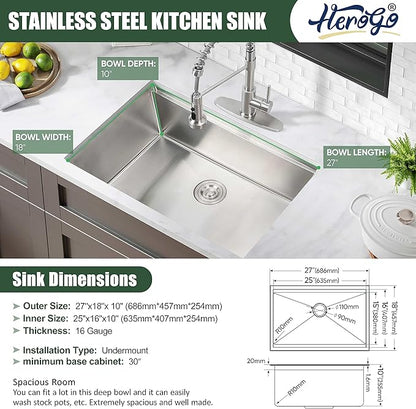 27x18Inch Undermount Kitchen Sink, Herogo Stainless Steel Single Bowl Workstaion Basin,16 Gauge Handmade 10'' Deep Kitchen Sink with Accessories