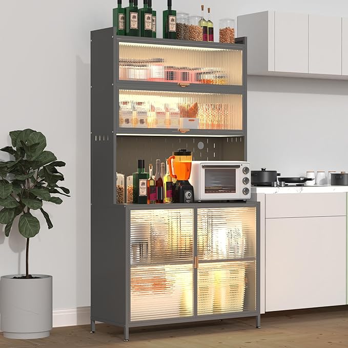 73" Pantry Cabinet,Metal Pantry Storage Cabinet，White Kitchen Hutch with Microwave Shelf & 6 Acrylic Panels Door Adjustable Shelves,Anti-Tip Design Hutch for Dining Room, Living Room