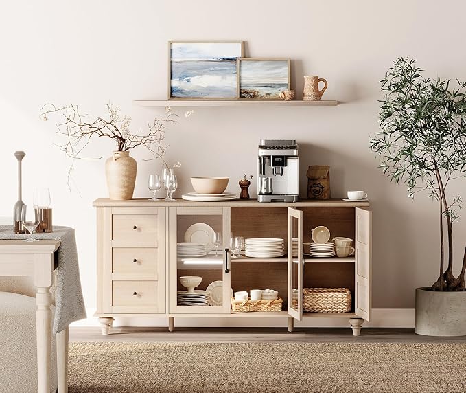 WAMPAT Sideboard Buffet Cabinets with Glass Door, Kitchen Storage Cabinets, Wood Coffee Bar Tables, Accent Sideboard Storage Cabinet Table Dining Room, Living Room,Beige