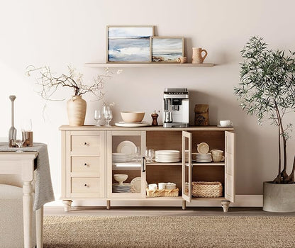WAMPAT Sideboard Buffet Cabinets with Glass Door, Kitchen Storage Cabinets, Wood Coffee Bar Tables, Accent Sideboard Storage Cabinet Table Dining Room, Living Room,Beige
