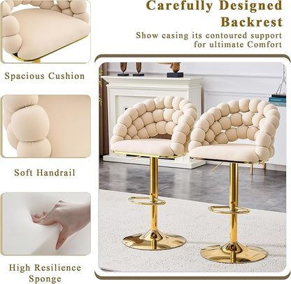 Set of 2 Beige Puffy Bubble Chair Ball Chain Chair Velvet Bar Stools with Gold Legs, Tufted Adjustable Bar Chairs for Kitchen Island Home Bar