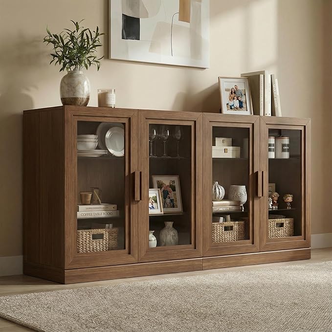 Casaphoria Adam Sideboard Buffet Cabinet with Storage, Display Cabinet with Glass Doors & Adjustable Shelves, 62" W x 36" H Buffet Cabinet for Entryway Kitchen Living Room, Walnut