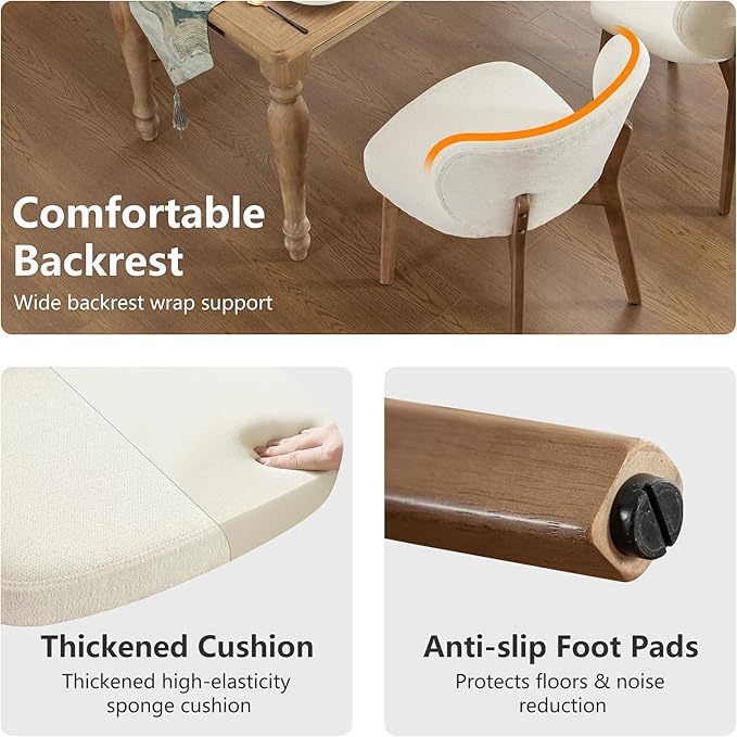 YOUNIKE Dining Chair with High Back Set of 2 Mid Century Modern Kitchen Chair Boucle Fabric Upholstered Armless Chair 20" Wide Padded Seat with Wooden Leg for Kitchen Dining Living Room Bedroom Beige