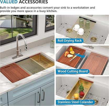 33 Granite Composite Kitchen Sink Double Bowl - Fulorni 33"x19" Granite Kitchen Sink Ledge Workstation White Undermount Double Bowl 50/50 Luxury Quartz Classic Under Counter Basin