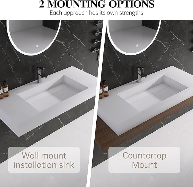42" x 18" Wall Mount Sink, Stone Resin Rectangular Bathroom Sink, Modern Floating Vessel Sinks for Vanity, Art Basin Trough, Durable and Stylish Bathroom Sinks for Modern Homes, White