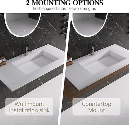 42" x 18" Wall Mount Sink, Stone Resin Rectangular Bathroom Sink, Modern Floating Vessel Sinks for Vanity, Art Basin Trough, Durable and Stylish Bathroom Sinks for Modern Homes, White