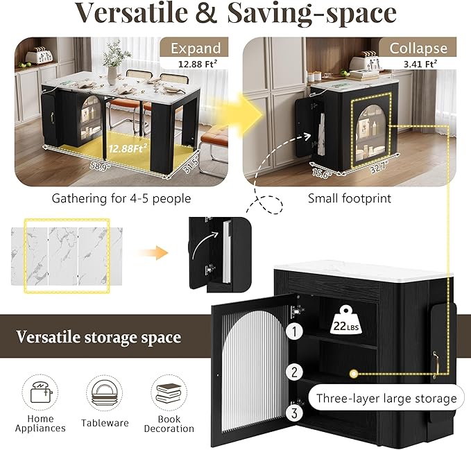 15.6"-59" L x 32.7” W Extendable Dining Table with 3 Removable Middle Leaves Arched Glass Door Power Outlet USB Ports Leveling Feet MDF Kitchen Island Bar Table for Small Spaces Black,White Marble