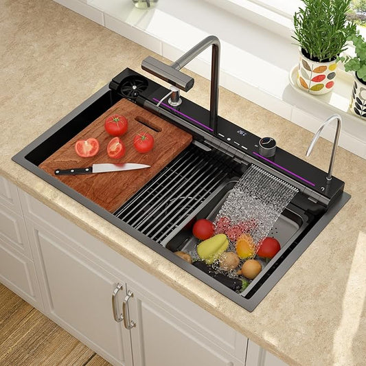 Lordear Drop In Kitchen Sink, 33 inch Black Waterfall Sink 16 Gauge Stainless Steel, Above Counter Smart Kitchen Sinks, Single Bowl with Integrated Control for Powerful Cleaning