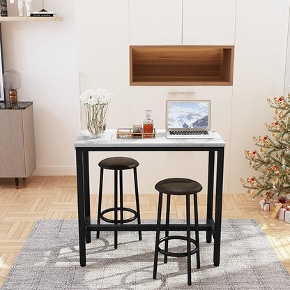 AWQM 39.3" Bar Table Set of 2,Faux Marble Pub Height Table and Chairs Set of 2 with Upholstered Stools,3 Piece Bar Table and Chairs Set Dining Table Set for Living Room,Kitchen,Bar,White & Brown