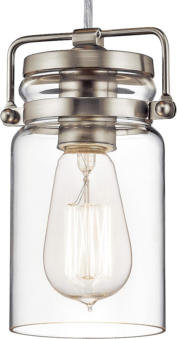 Kichler Brinley 7.75" Kitchen Pendant in Brushed Nickel, Mini Farmhouse Pendant with Clear Glass, (7.75" H x 4.75" W), 42878NI, 1-Light
