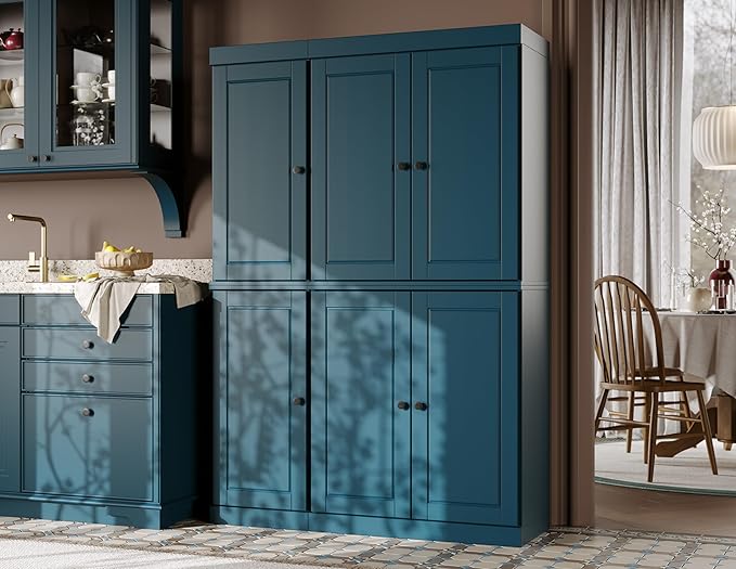 Palace Imports Solid Wood Kitchen Pantry Cabinet - 71.5" H x 48.5" W - Freestanding Storage Pantry w/ 2-Drawer Kit & Adjustable Shelves - Teal Blue, Renewable Eco-Friendly 100% Wood, Made in Brazil