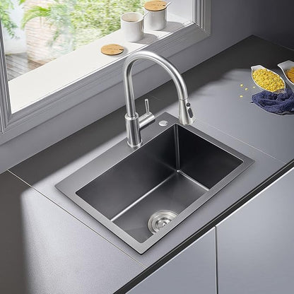 POPFLY 20 Inch Kitchen Sink, 18 Gauge 304 Stainless Steel Single Bowl Drop In Black Bar Deep Small Sink, Modern Top mount Kitchen Prep Sink with Drain Strainer