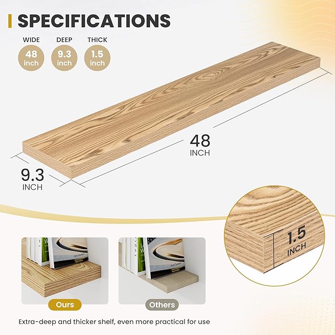 Acovy 48 Inch Floating Shelves, 9.3" Deep Floating Shelf Wall Mounted, 48" Wall Shelves, Rustic Deep Bookshelf, Large Display Shelves & Storage Shelves for Bedroom, Living Room, Light Brown, Set of 1