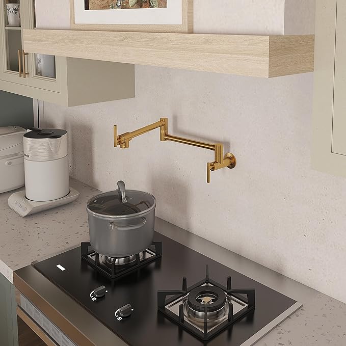 CENOSA Pot Filler Faucet Gold Commercial Wall Mount Stove Faucet Wall Mount Kitchen Sink Pot Filler Facuet