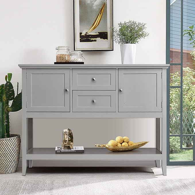 Giantex Buffet Sideboard, Wood Storage Cabinet, Console Table with Storage Shelf, 2 Drawers and Cabinets, Living Room Kitchen Dining Room Furniture, Wood Buffet Server (Grey)