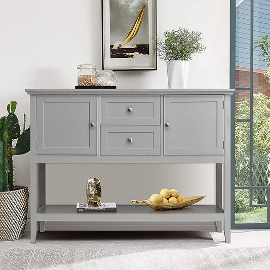 Giantex Buffet Sideboard, Wood Storage Cabinet, Console Table with Storage Shelf, 2 Drawers and Cabinets, Living Room Kitchen Dining Room Furniture, Wood Buffet Server (Grey)