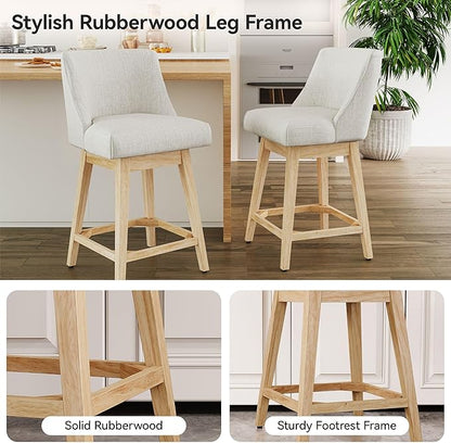 Counter Height Bar Stools Set of 2, Modern Swivel Barstools with Back and Wood Legs, Linen Fabric Upholstered Counter Height Stools, 26" H Kitchen Island Stools, Home Bar, Pub, Ivory