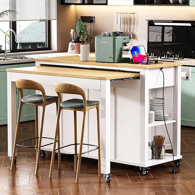 GOWE K&K 47 inch Kitchen Island with Extendable Dining Table, Rubber Wood Veneer Kitchen Table with Internal Storage Rack, Power Outlet, Kitchen Island with Storage 2 Drawers 2 Cabinet,White