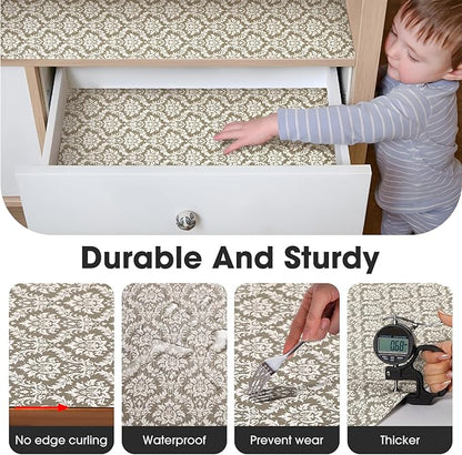 Drawer and Shelf Liner, Non-Slip Kitchen Cabinet Liners Non-Adhesive Thick Strong Grip Waterproof Washable Mats Protect Dresser Shelves Cupboard Bathroom Cabinets, Boho: Beige, 24 in X 20 FT