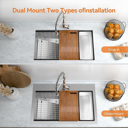 33 x 22 Drop-In/Undermount Kitchen Sink, TECASA Single Bowl Kitchen Sink, 18-Gauge T-304 Stainless Steel Basin with Workstation