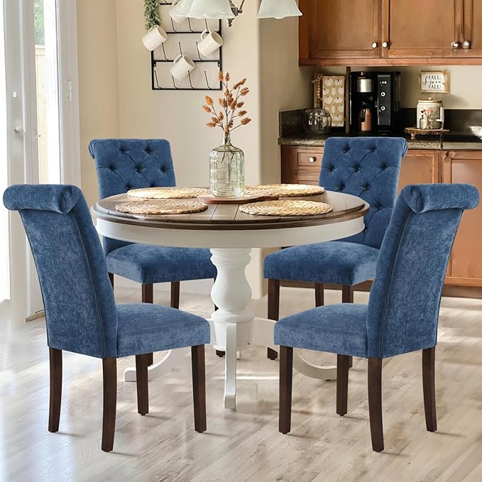 Tufted Dining Chairs Set of 4, Upholstered Parsons Dining Room Chairs, Fabric Kitchen Side Chair with Wood Legs, Blue