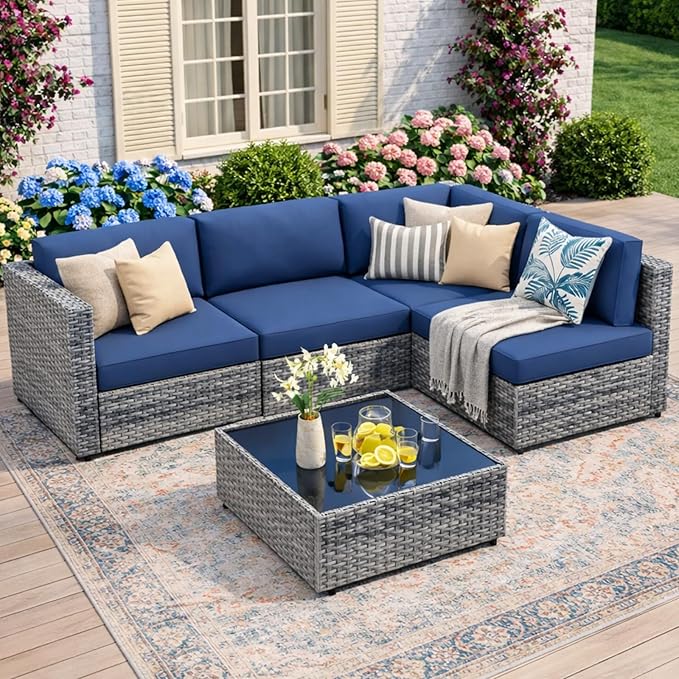 JAMFLY Patio Furniture Sets, 5-Piece Outdoor Patio Furniture with Thick Cushions, Wicker Outdoor Conversation Set Sectional Sofa for Backyard, Poolside, Garden, Aegean Blue