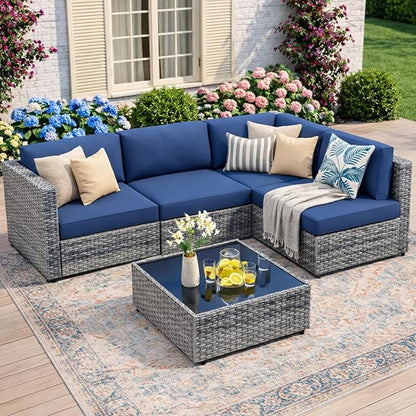 JAMFLY Patio Furniture Sets, 5-Piece Outdoor Patio Furniture with Thick Cushions, Wicker Outdoor Conversation Set Sectional Sofa for Backyard, Poolside, Garden, Aegean Blue