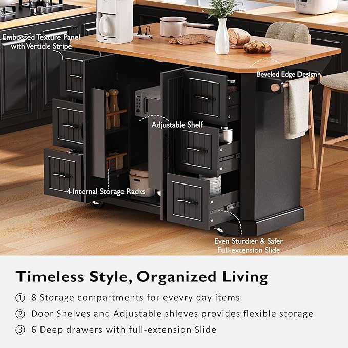Ball & Cast 56" Large Kitchen Island with Drop Leaf and Power Outlet,Rolling Kitchen Cart on 4 Wheels W/ 6 Drawers,Folding Storage Dining Table W/Spice & Towel Rack,for Kitchen,Dining Room,Black