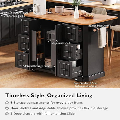Ball & Cast 56" Large Kitchen Island with Drop Leaf and Power Outlet,Rolling Kitchen Cart on 4 Wheels W/ 6 Drawers,Folding Storage Dining Table W/Spice & Towel Rack,for Kitchen,Dining Room,Black