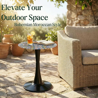 Simmer Stone 13.4" Outdoor Side Table, Round Patio Bistro Table Printed Tempered Glass Top, Waterproof Rust-Proof Base, Small Plant Stand for Balcony, Garden, Deck, 21.6" H (Morocco)