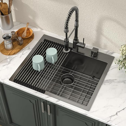 Lordear 25 Drop In Kitchen Sink 25 x 22 inch Gunmetal Black Drop Sink 16 Gauge Stainless Steel Single Bowl Topmount Over Counter Bar Prep Kitchen Sinks Basin