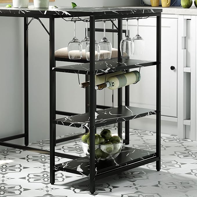5-Piece Metal Dining Room Furniture Set with Marble Dining Table and 2 Stools/1 Kitchen Island/1 Wine Rack Table, Ideal for Small Small Apartment, Studio (Black + Metal-1)