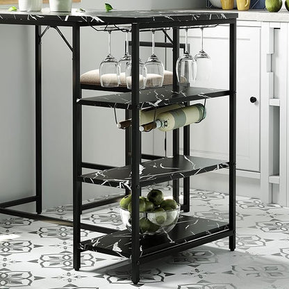 5-Piece Metal Dining Room Furniture Set with Marble Dining Table and 2 Stools/1 Kitchen Island/1 Wine Rack Table, Ideal for Small Small Apartment, Studio (Black + Metal-1)