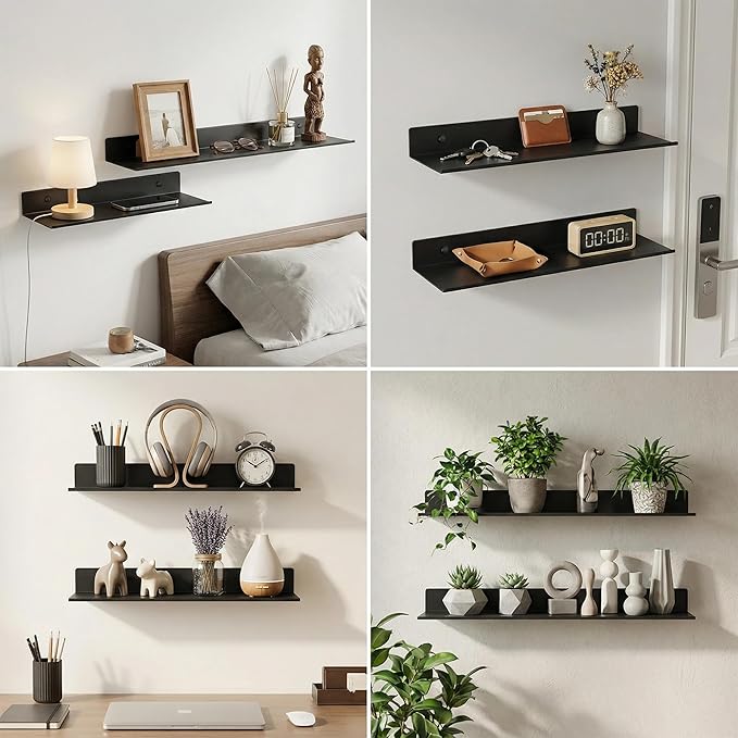 Z metnal Bathroom Shelf, Small Floating Wall Shelves, Decorative Ledge Shelf, Aluminum, Wall Mounted, Matt Black, 24/20/16 inch, 3 Set