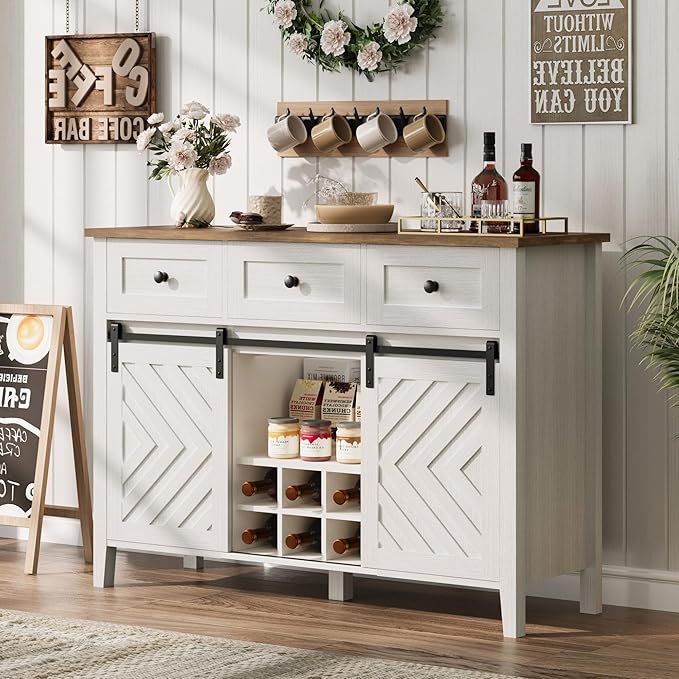 CABIHOME Farmhouse 47.2'' Buffet Cabinet with Sliding Barn Door, 33.4'' Tall Wood Rustic Sideboard with 3 Drawer, Adjustable Shelf and Removable Wine Rack for Dining Room, Kitchen, Living Room, White